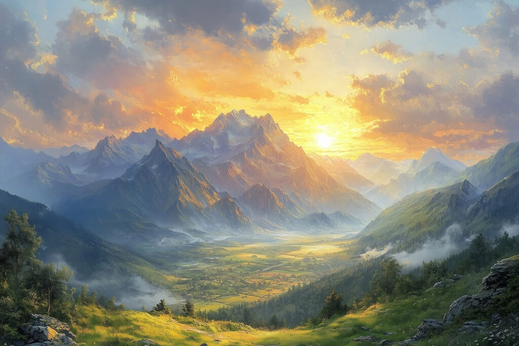 Gouden bergzon boven groen — volledig ontwerp
