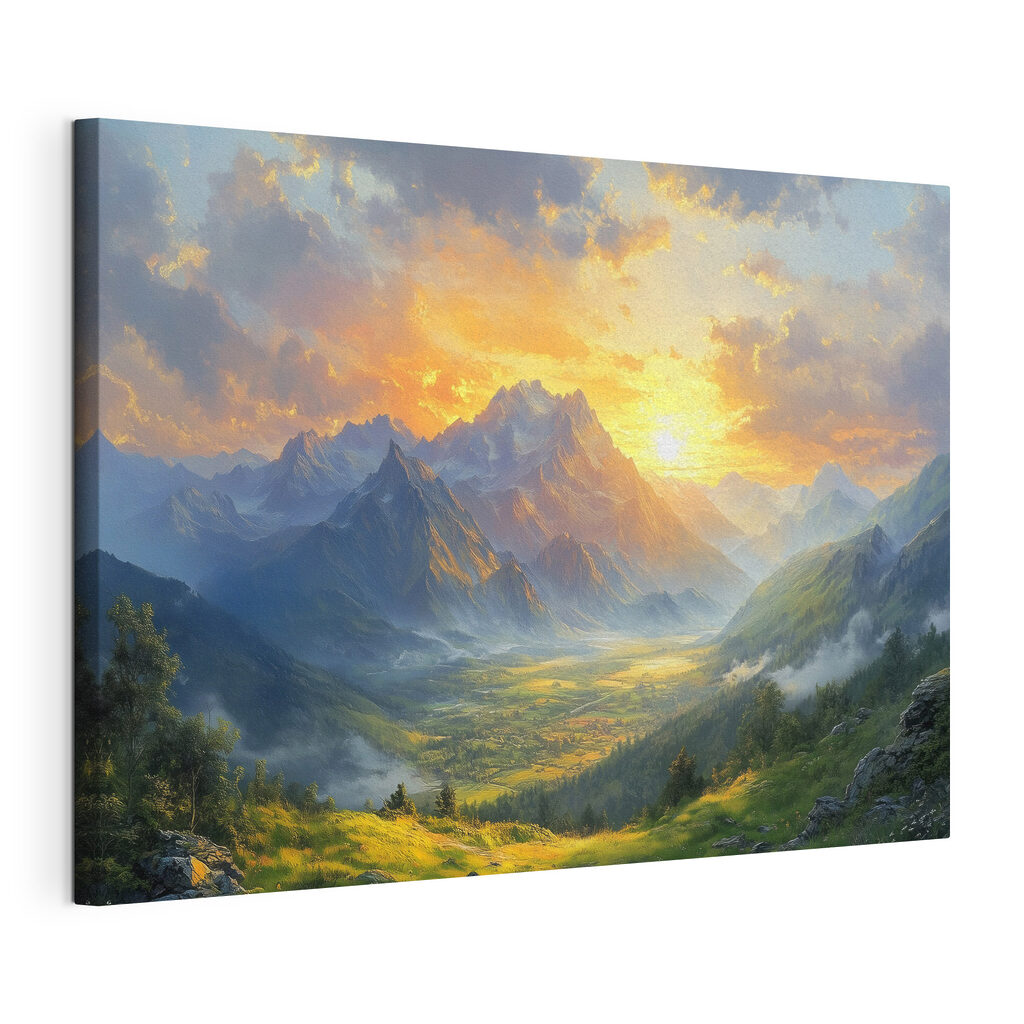 Gouden bergzon boven groen, gespannen canvas met doorlopende rand