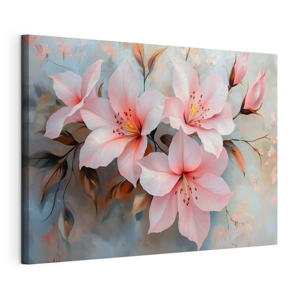 Roze magnolia op bleekgrijs, gespannen canvas met doorlopende rand