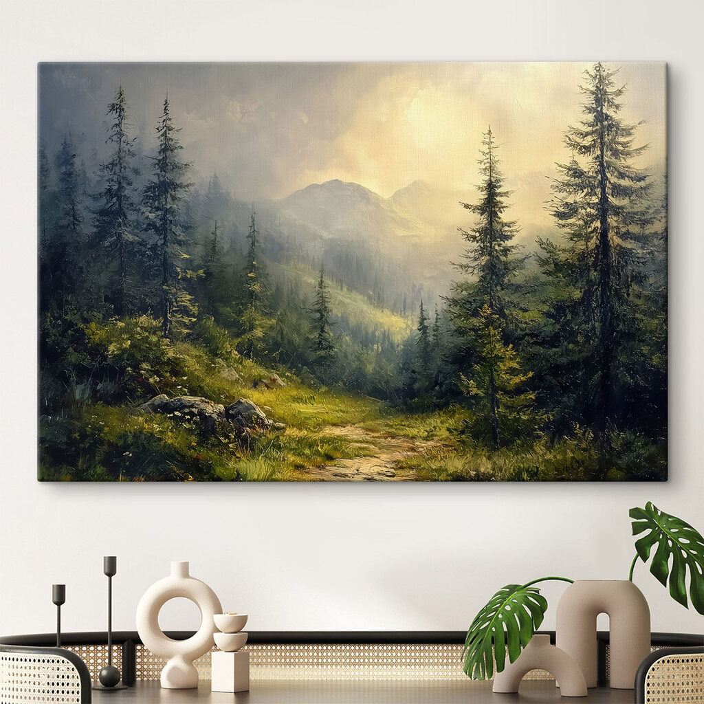 Schilderij van een bos met bergen en bomen in een interieur