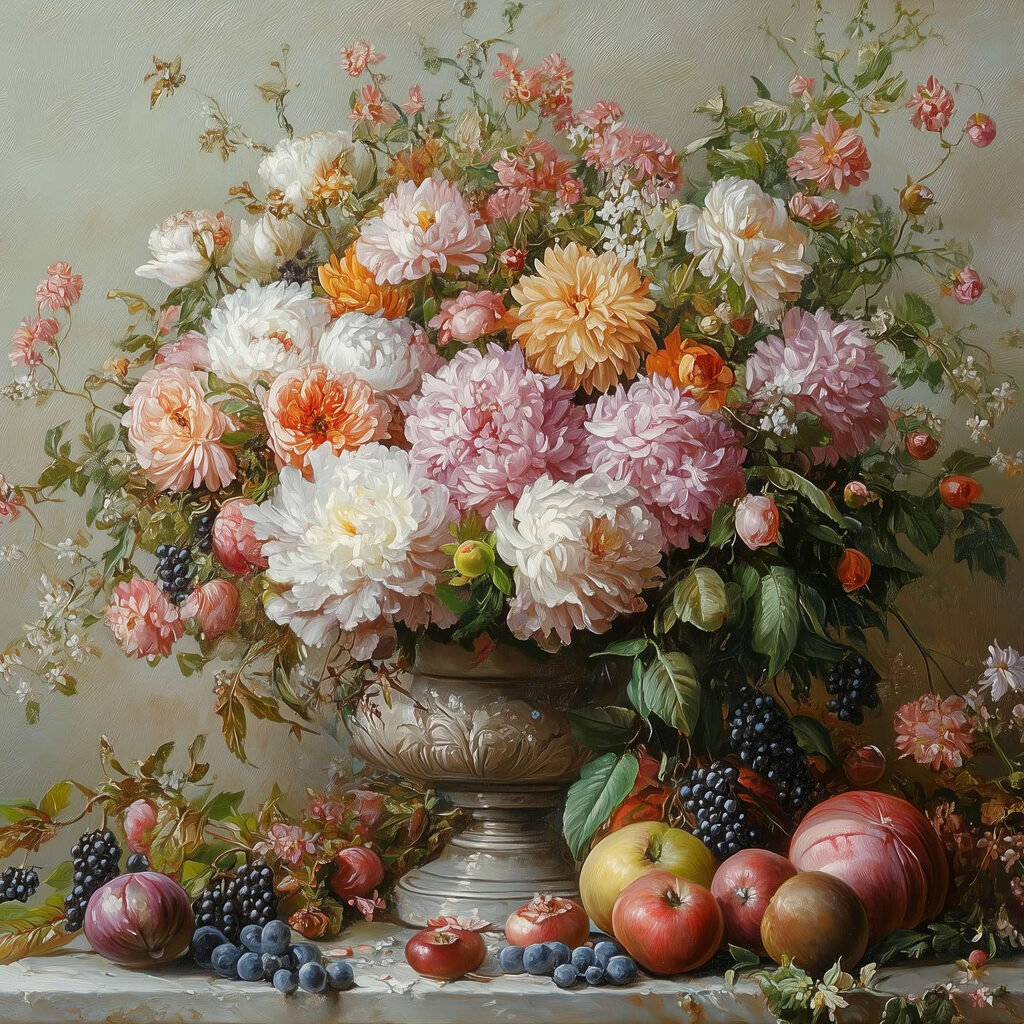 Dahlia’s boven een fruitschaal — volledig ontwerp