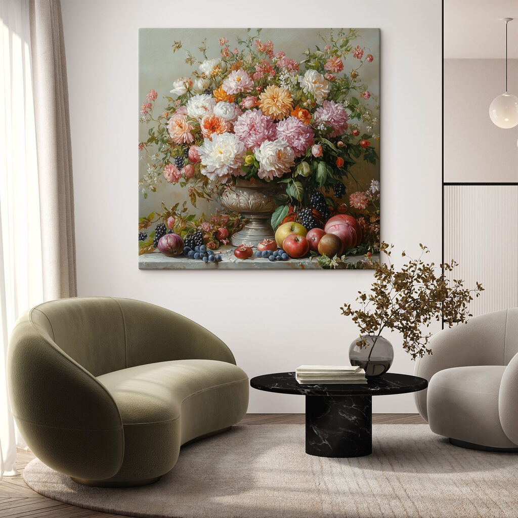 Dahlia’s boven een fruitschaal — interieur 1