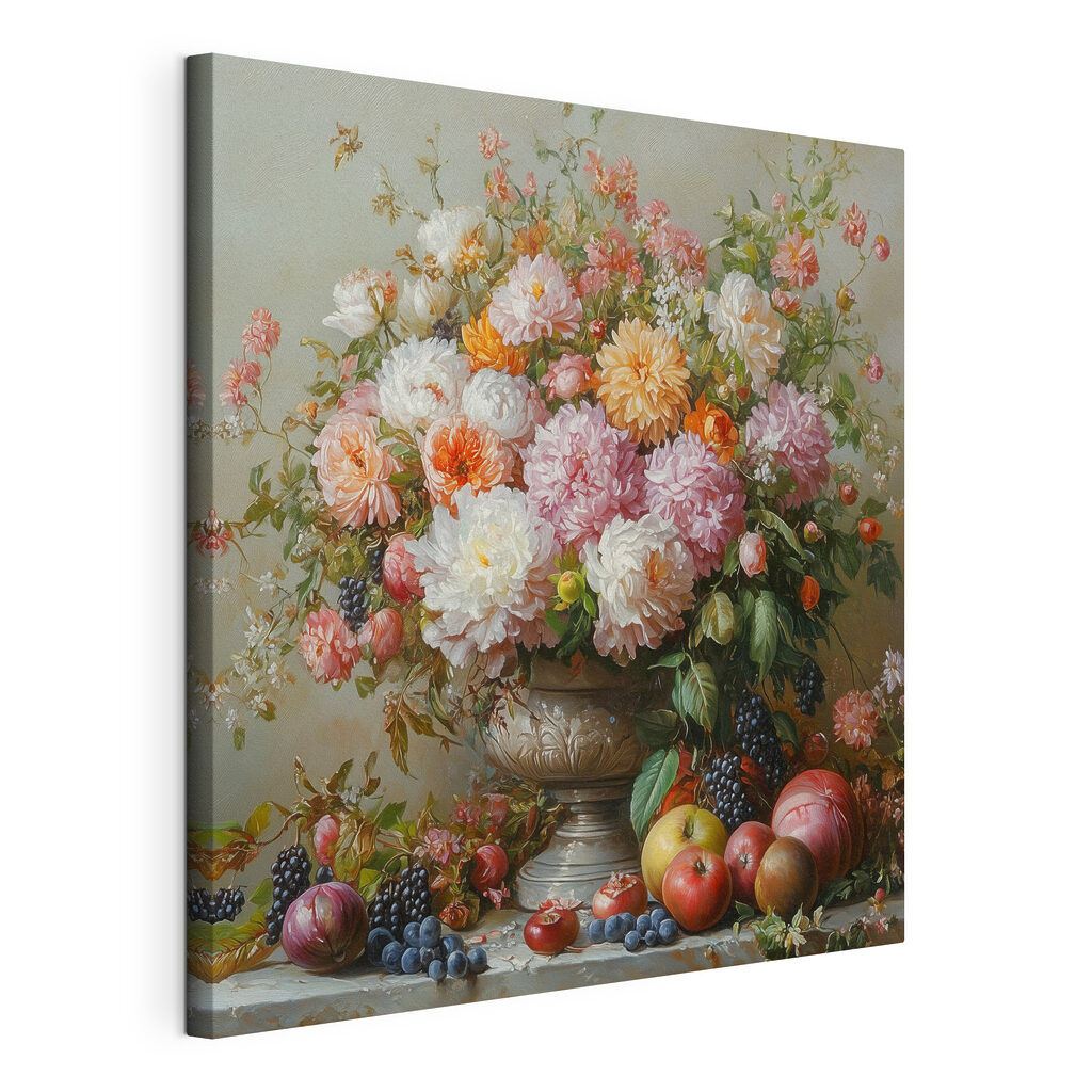 Dahlia’s boven een fruitschaal, gespannen canvas met doorlopende rand
