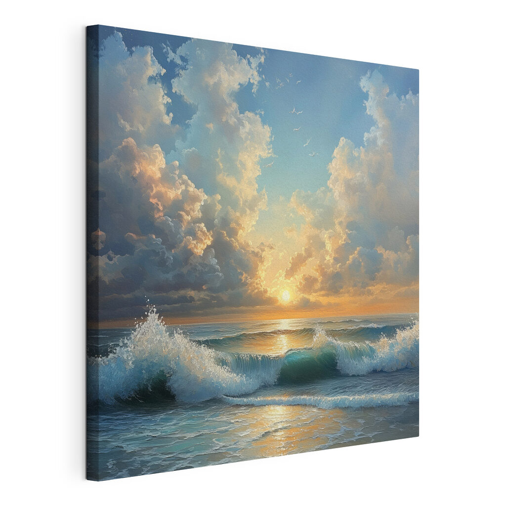 Zon boven blauwe golfjes, gespannen canvas met doorlopende rand