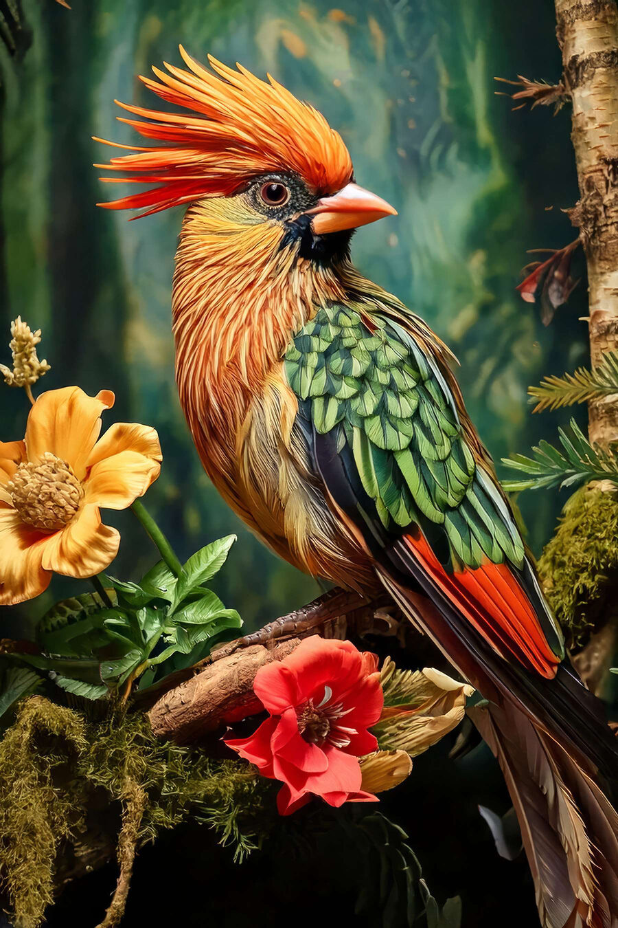 Een kuifvogel in tropenbloei — volledig ontwerp