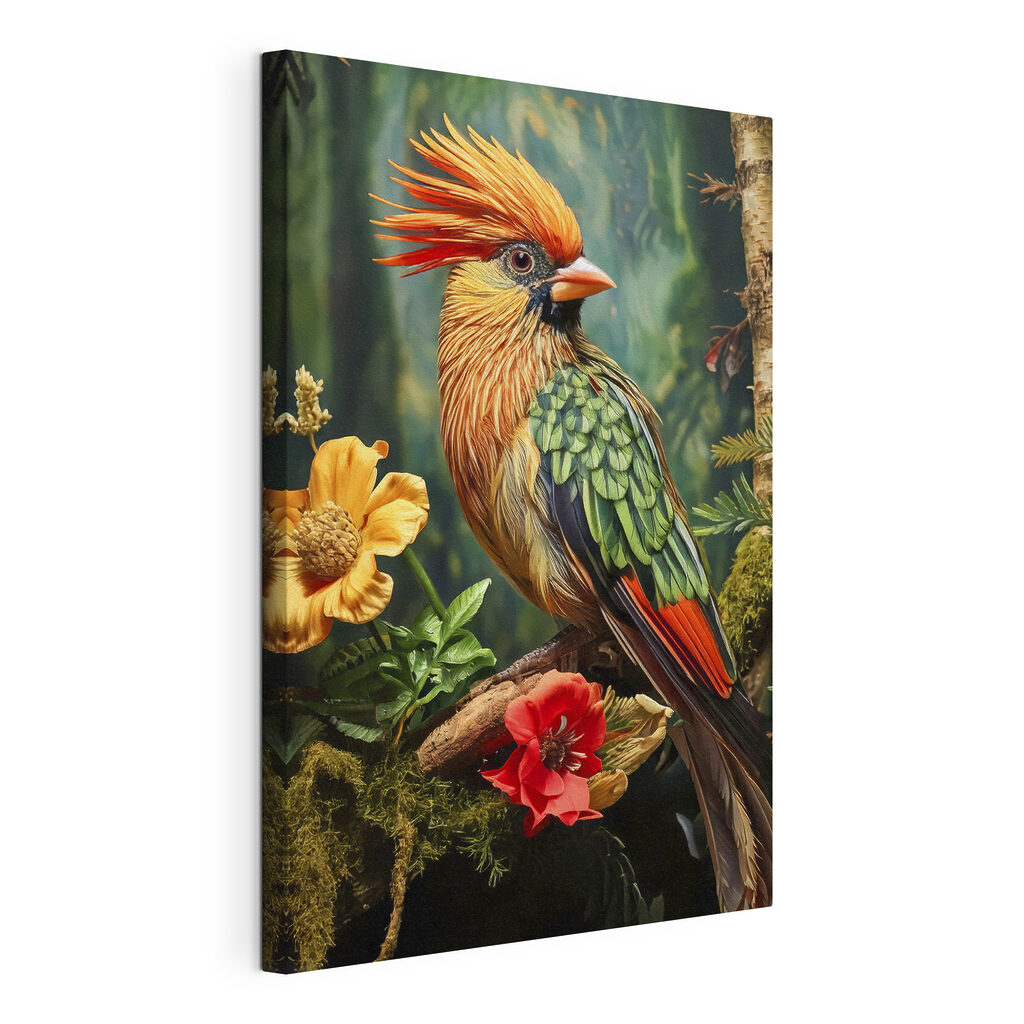 Een kuifvogel in tropenbloei, gespannen canvas met doorlopende rand