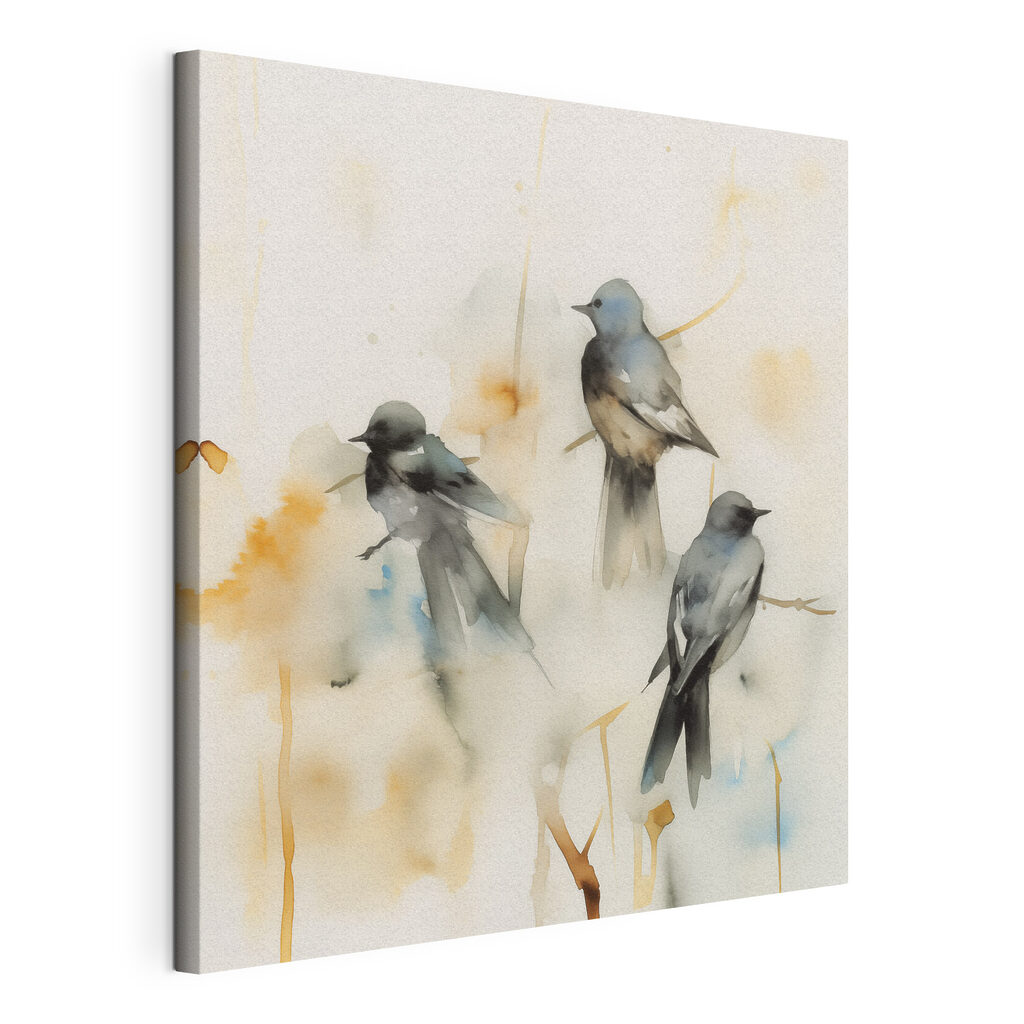 Vogels in bleke aquarel, gespannen canvas met doorlopende rand