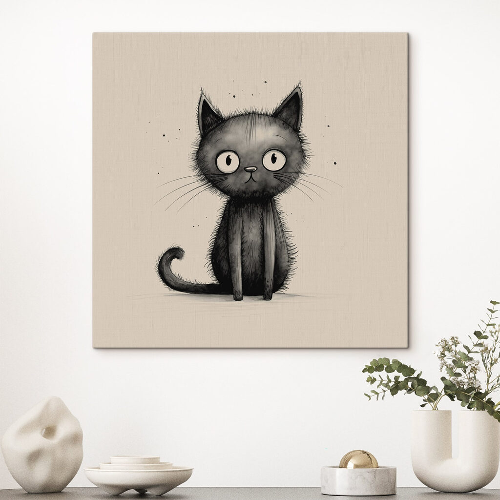 Zwarte kat met grote ogen in een interieur