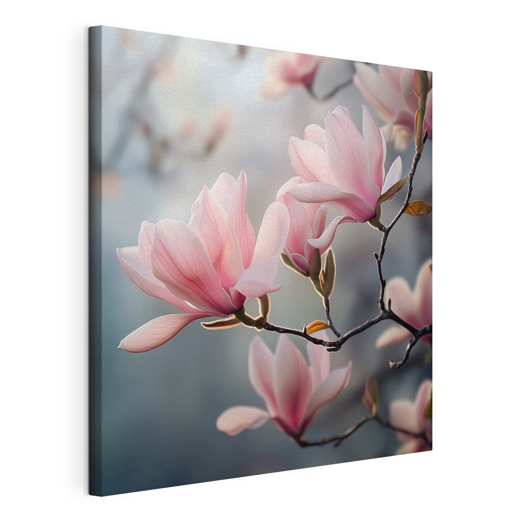 Magnolia’s in roze tegenlicht, gespannen canvas met doorlopende rand