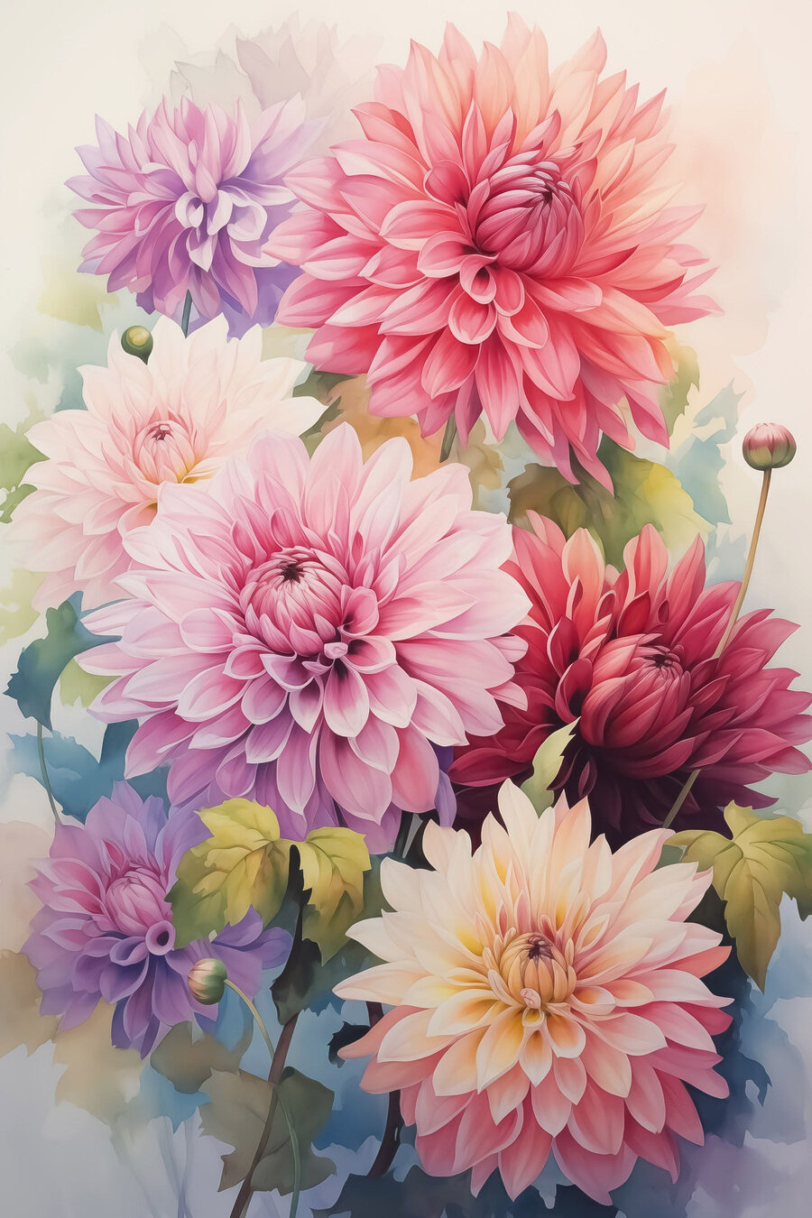 Dahlia’s in vrolijke aquarel — volledig ontwerp