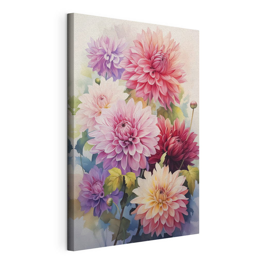 Dahlia’s in vrolijke aquarel, gespannen canvas met doorlopende rand