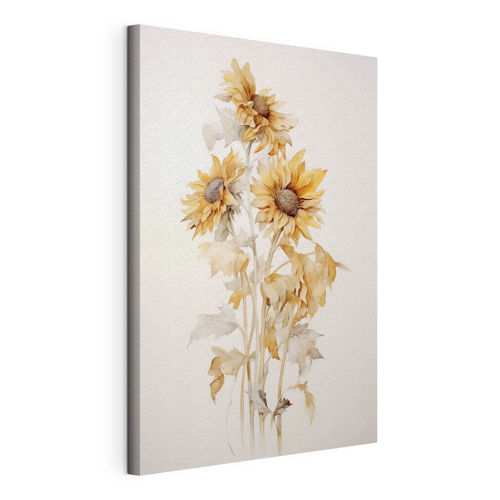 Zonnebloemen in bleke goudtinten, gespannen canvas met doorlopende rand