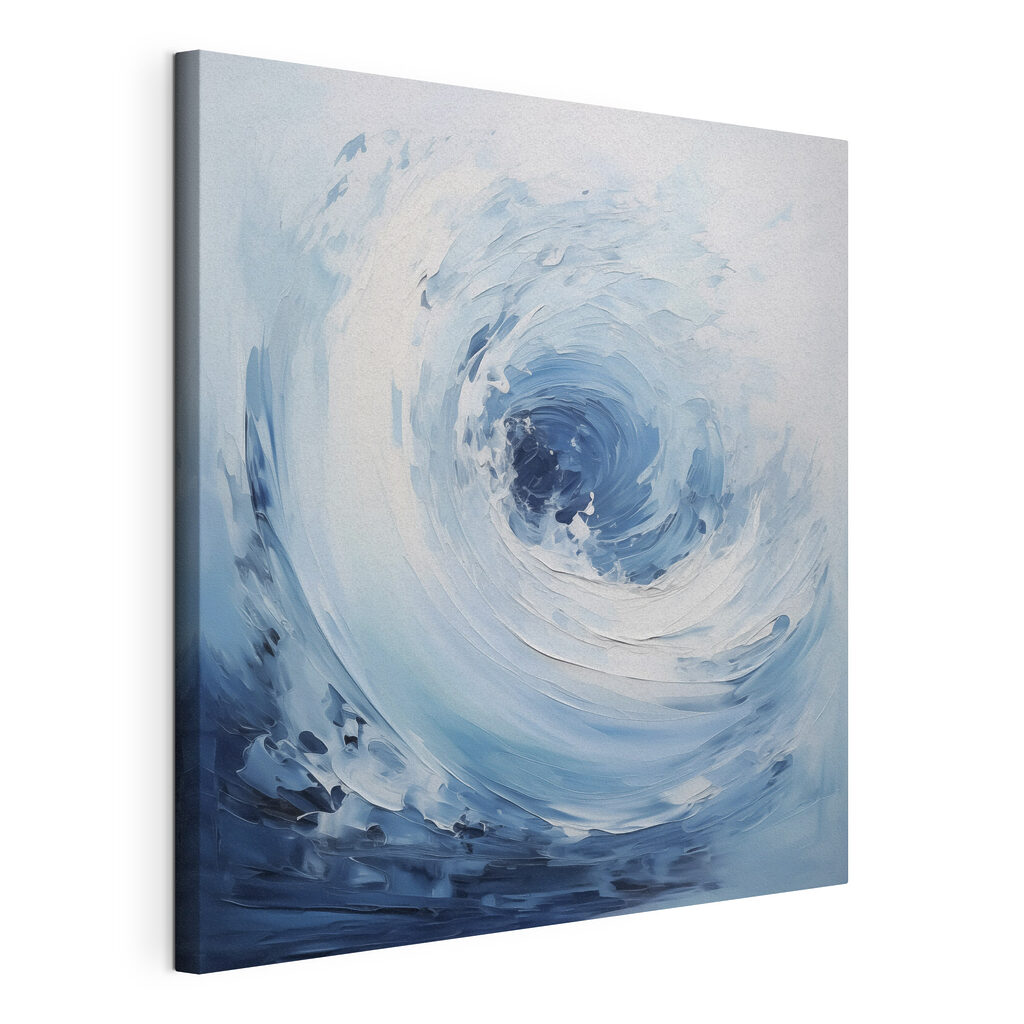 Blauwe wervel op wit, gespannen canvas met doorlopende rand