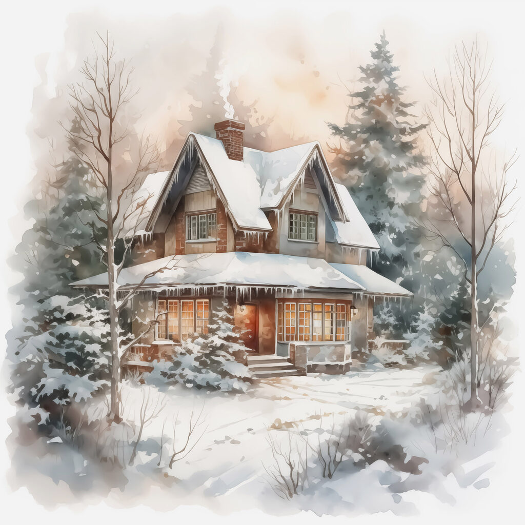 Een winterhuis in sneeuwnevel — volledig ontwerp