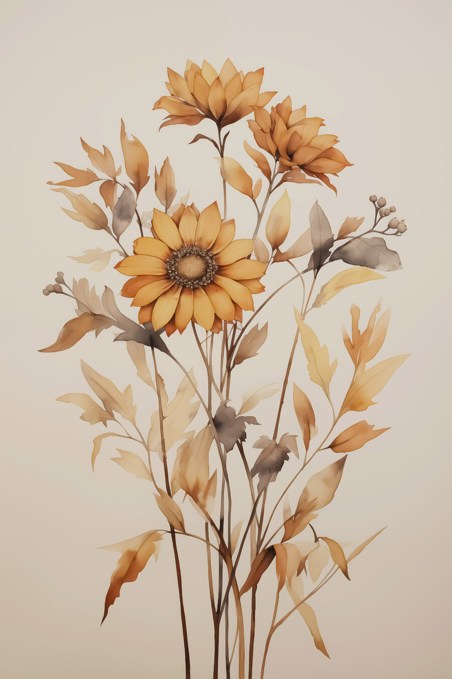 Zonnebloemen tussen droge bladtakken — volledig ontwerp