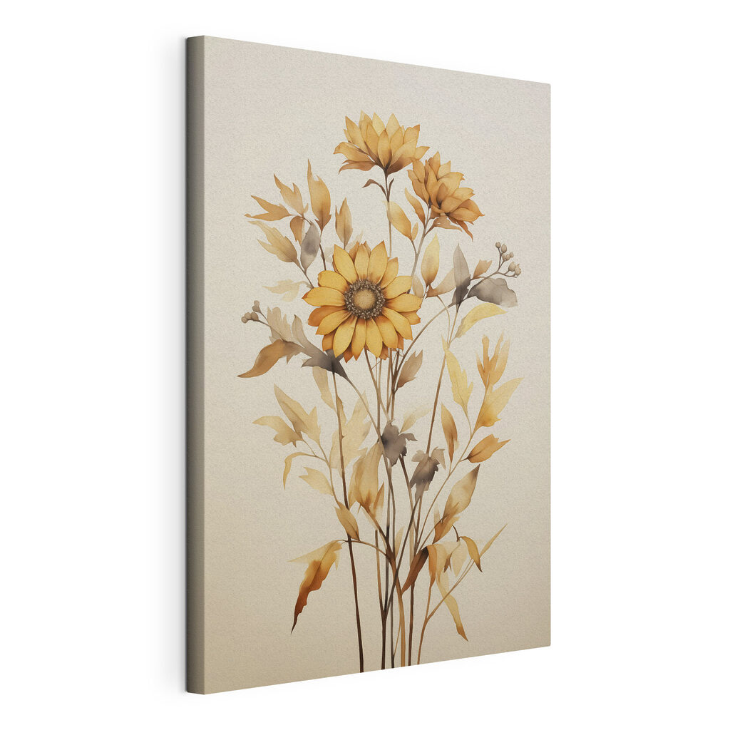 Zonnebloemen tussen droge bladtakken, gespannen canvas met doorlopende rand