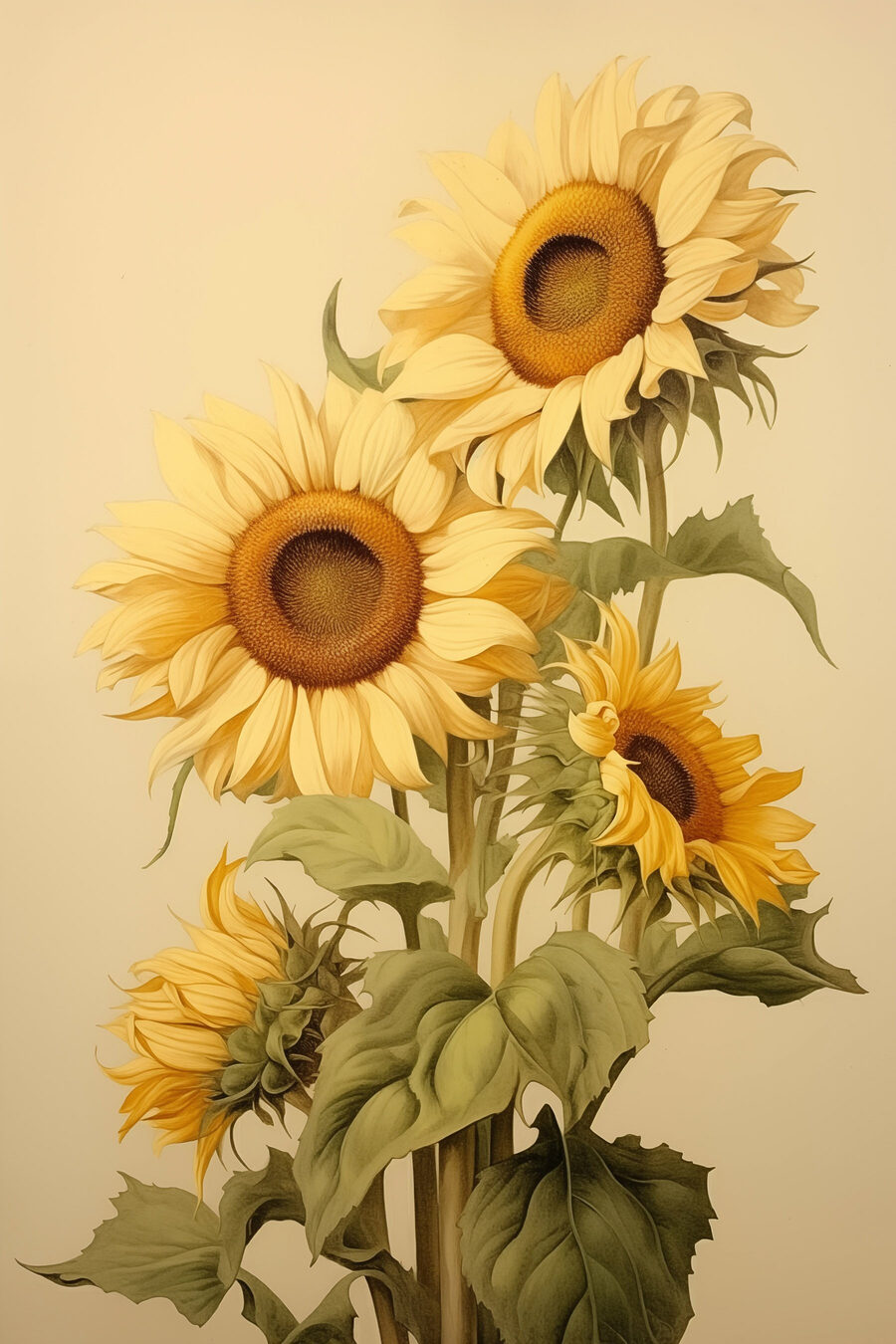 Zonnebloemen op warm beige — volledig ontwerp