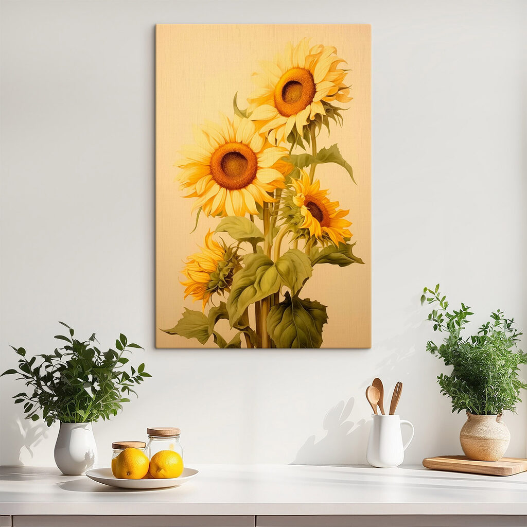 Zonnebloemen op warm beige — interieur 1