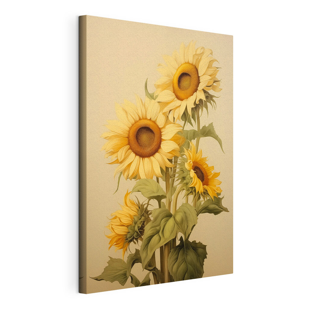 Zonnebloemen op warm beige, gespannen canvas met doorlopende rand