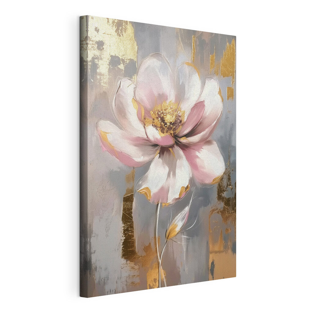 Roze bloem boven goudvlakken, gespannen canvas met doorlopende rand