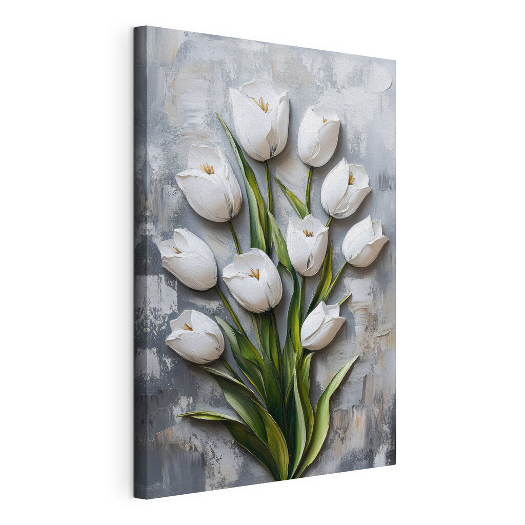 Witte tulpen in verfstreken, gespannen canvas met doorlopende rand