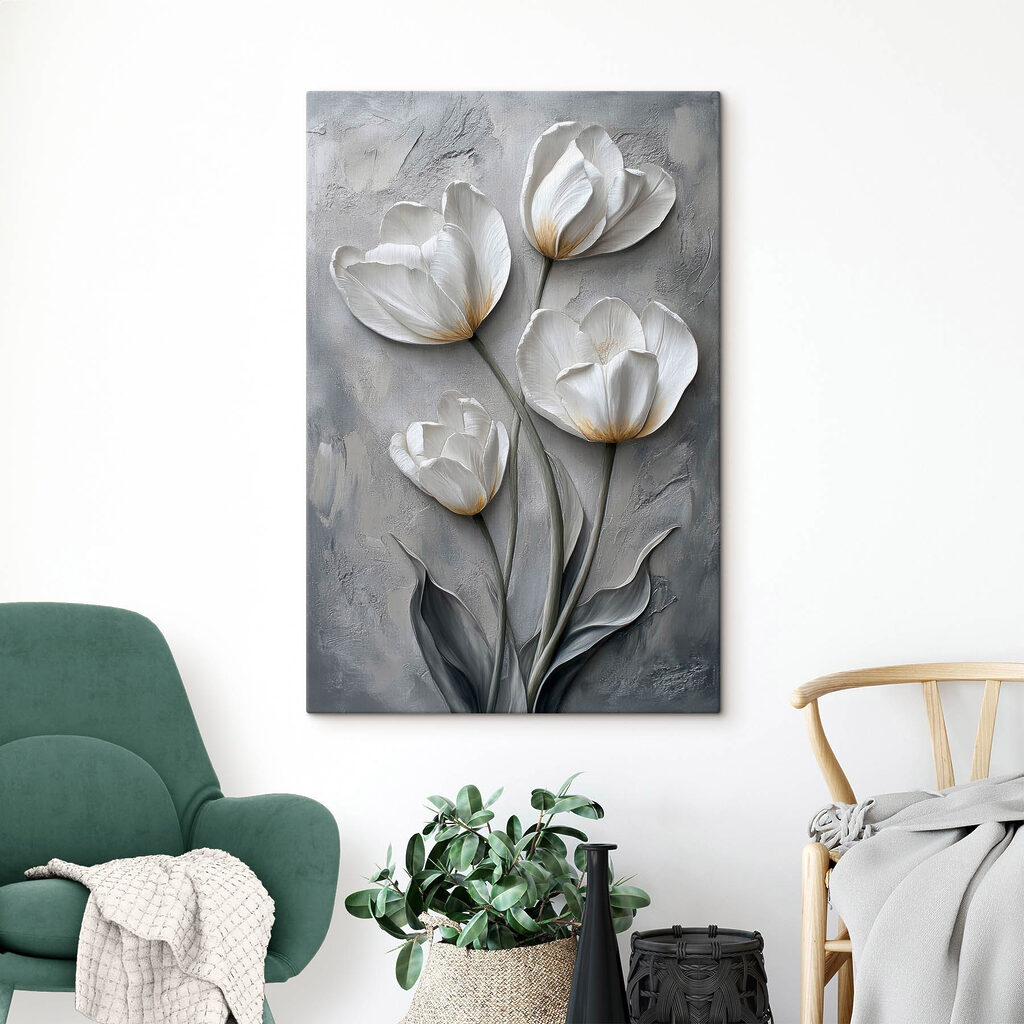 Vier tulpen op grijs — interieur 1