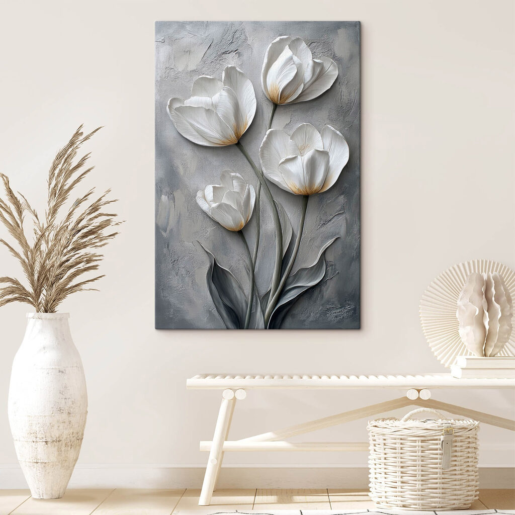Vier tulpen op grijs — interieur 2