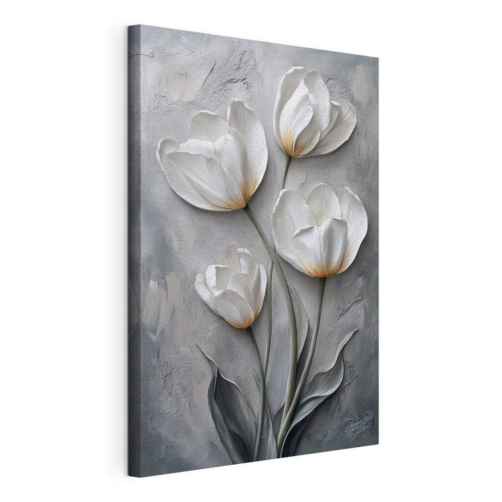 Vier tulpen op grijs, gespannen canvas met doorlopende rand