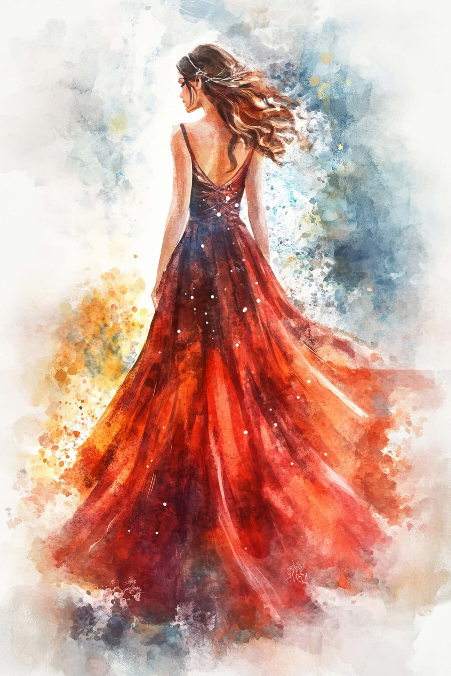 Rode jurk in aquarelwind — volledig ontwerp