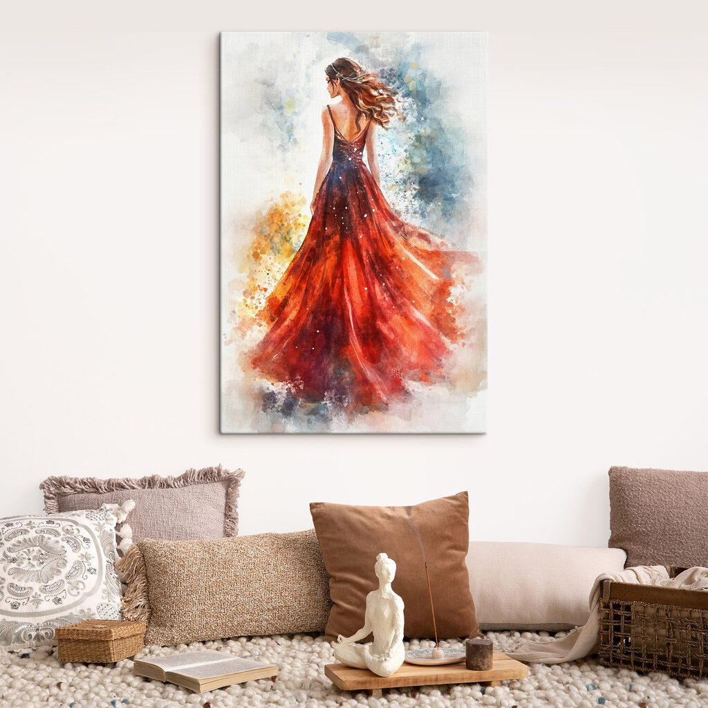 Rode jurk in aquarelwind — interieur 1