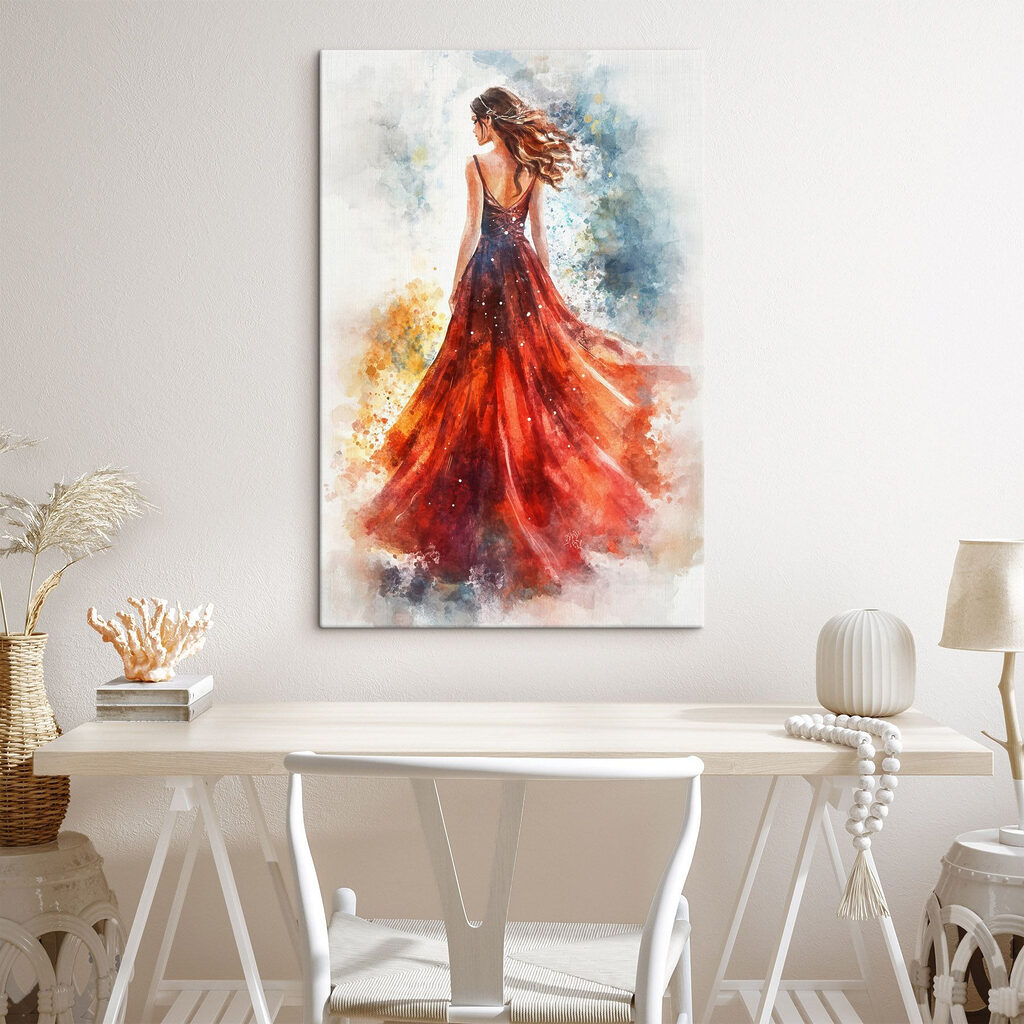 Rode jurk in aquarelwind — interieur 2
