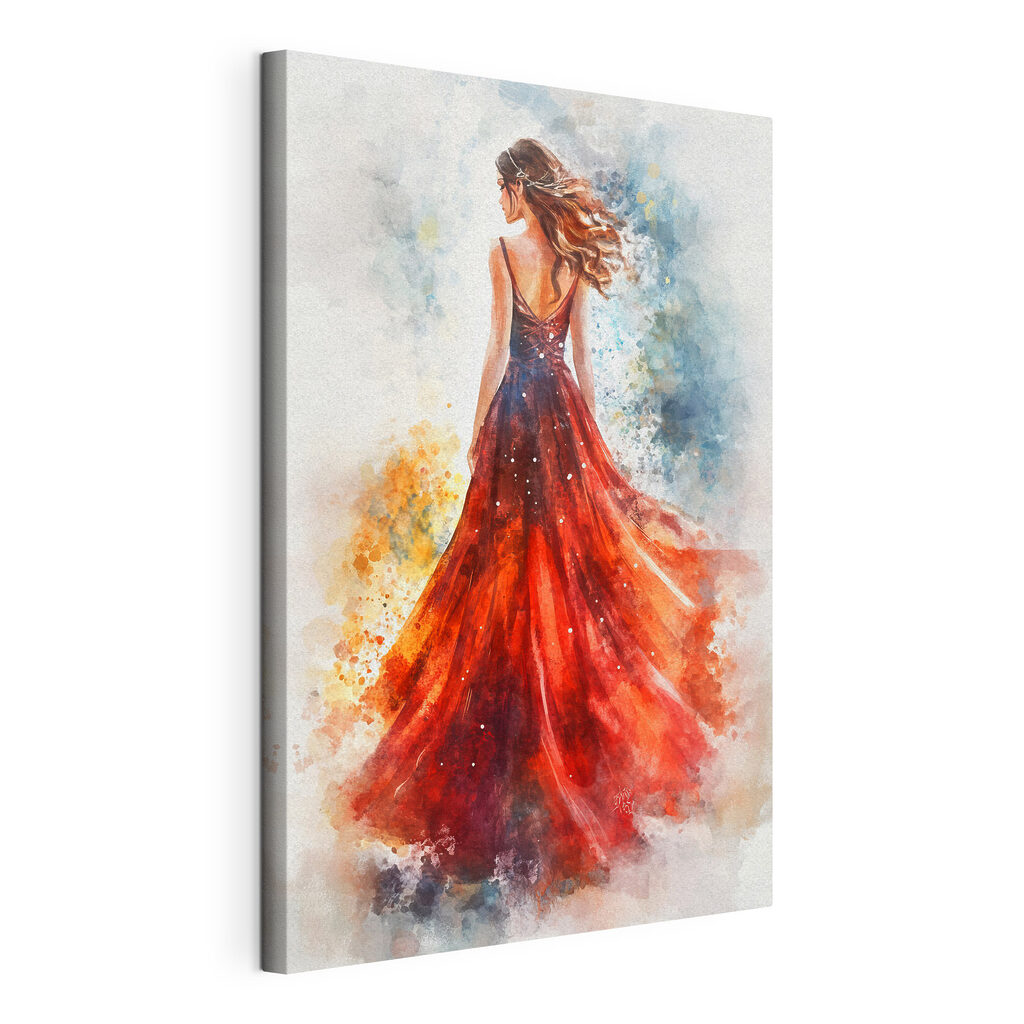 Rode jurk in aquarelwind, gespannen canvas met doorlopende rand