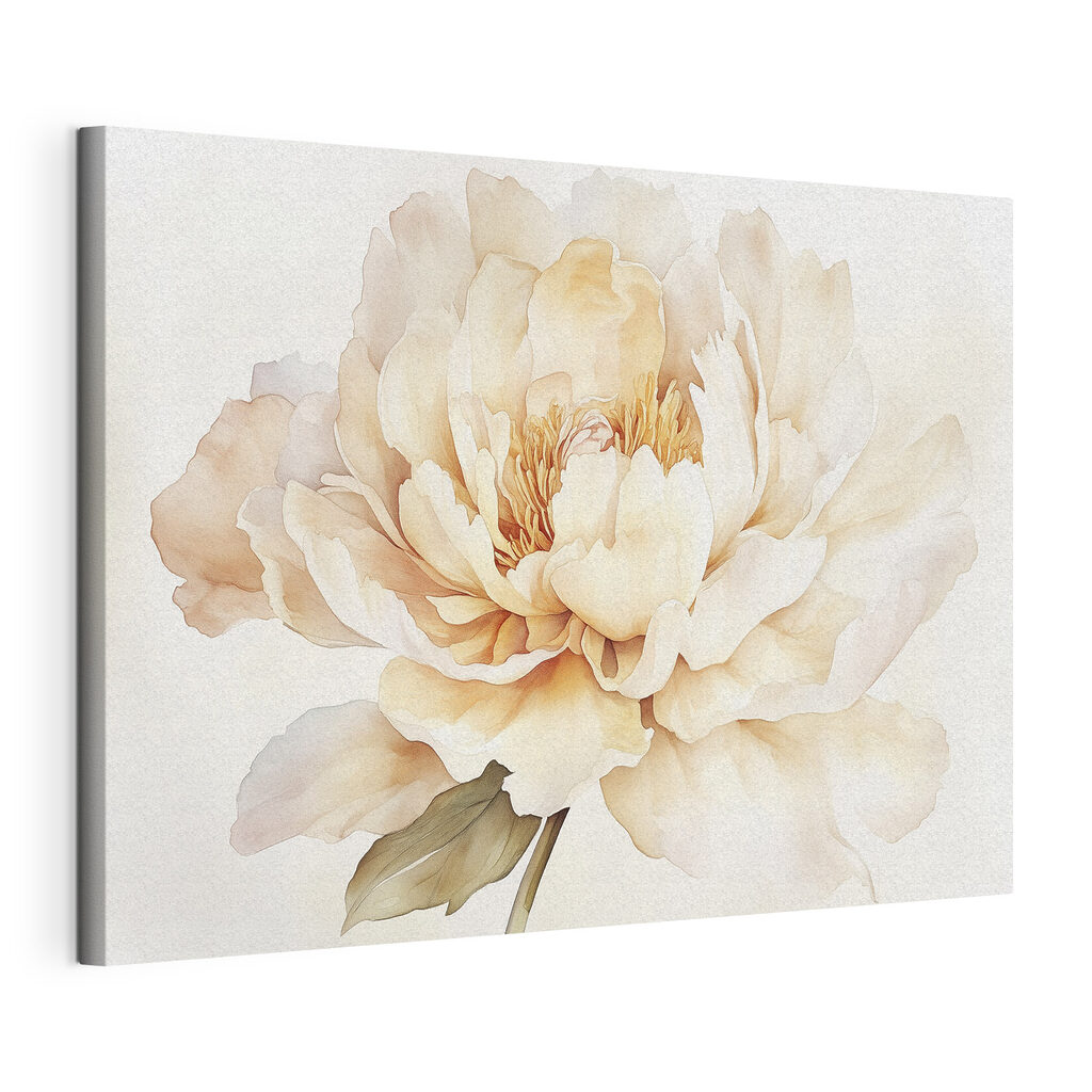 Roomgele pioenroos in aquarel, gespannen canvas met doorlopende rand