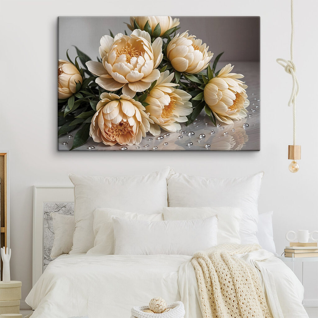 Roomwitte pioenrozen op spiegelvlak — interieur 2