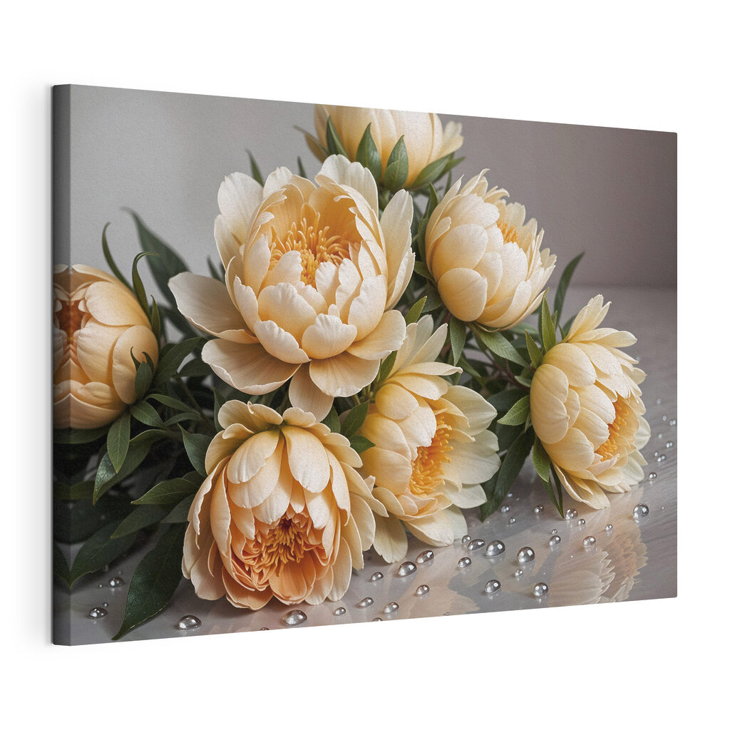 Roomwitte pioenrozen op spiegelvlak, gespannen canvas met doorlopende rand