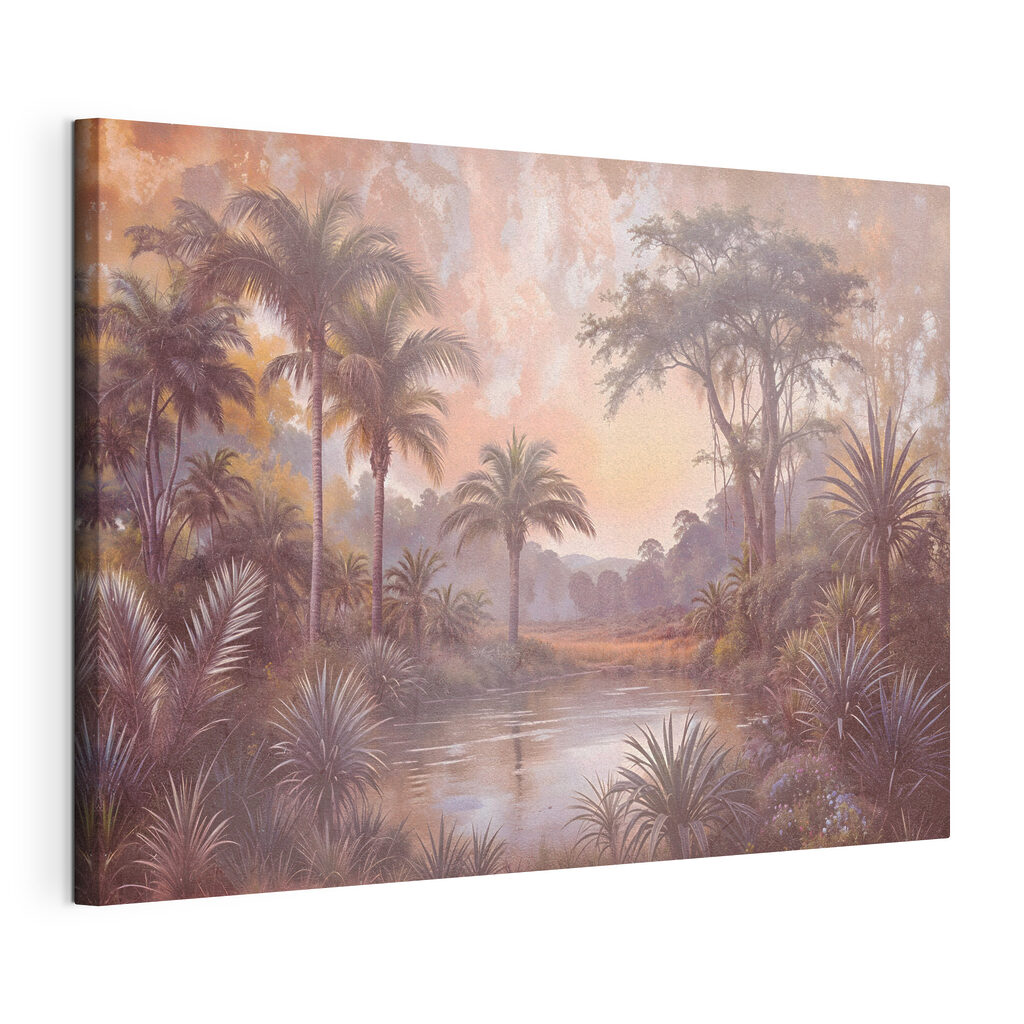 Een tropenrivier in ochtendroze, gespannen canvas met doorlopende rand