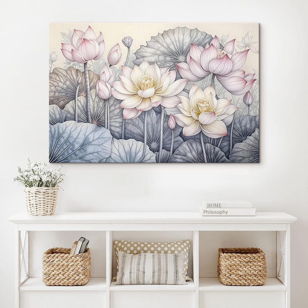 Lotussen tussen getekende bladnerven — interieur 1