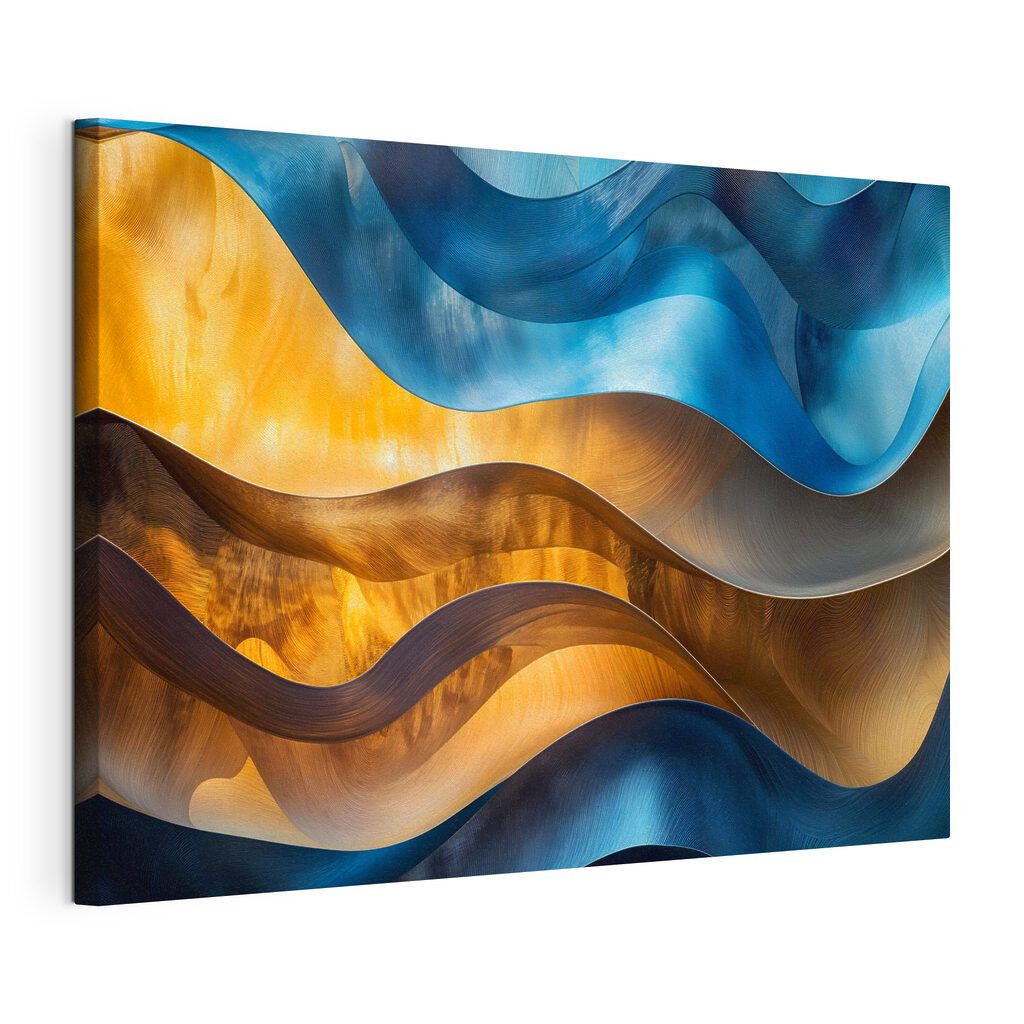Blauwe golven door goud, gespannen canvas met doorlopende rand