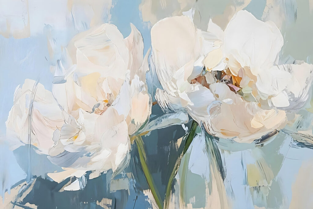 Witte tulpen tegen lichtblauw — volledig ontwerp