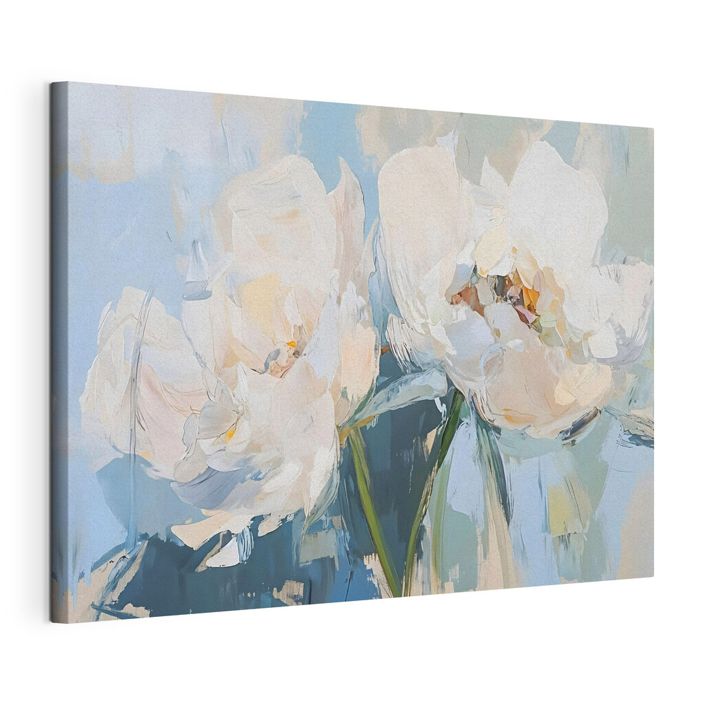 Witte tulpen tegen lichtblauw — productweergave