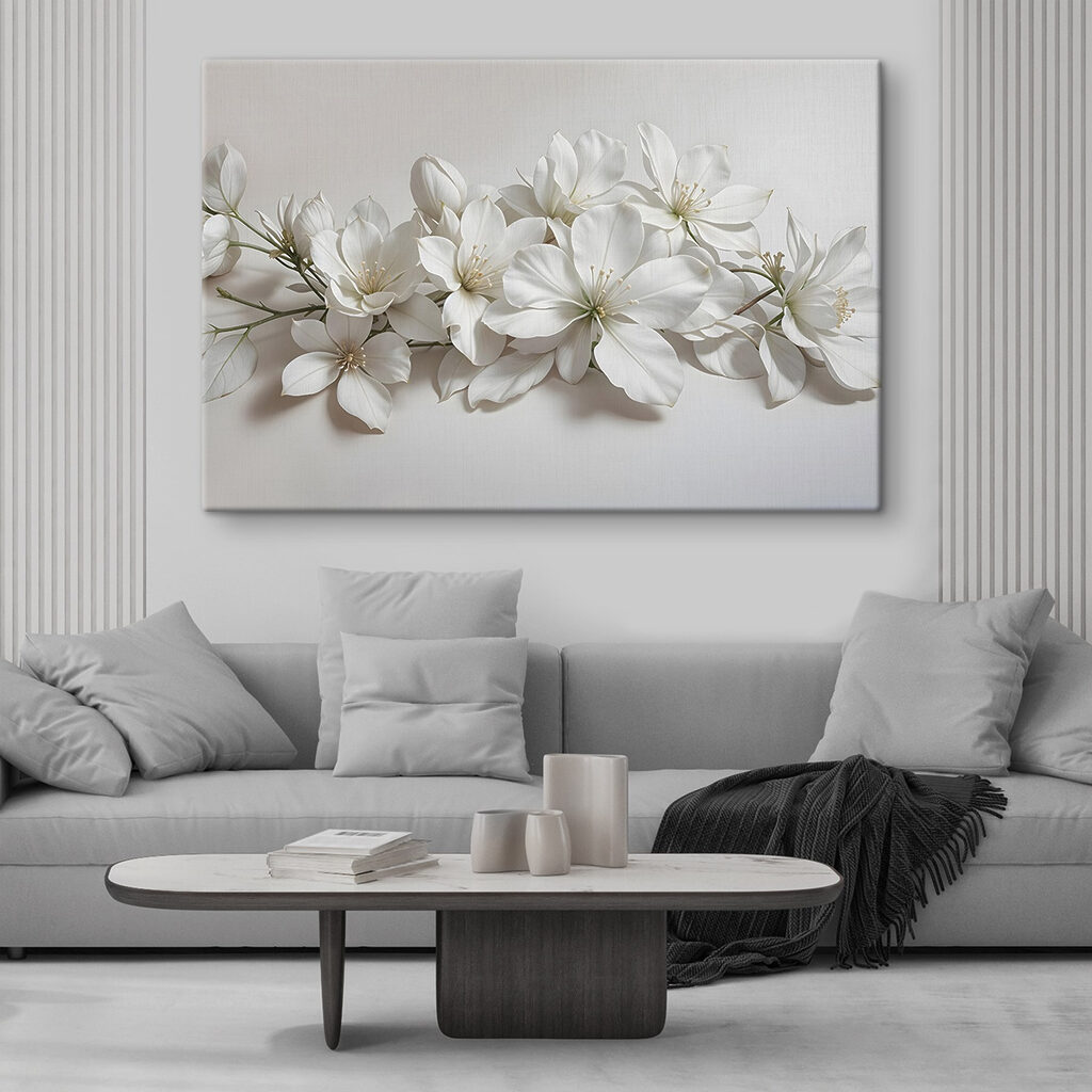 Witte bloesemtak in stilte — interieur 1