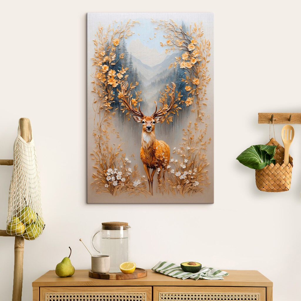 Schilderij van een hert met bloemen en bergen in een interieur