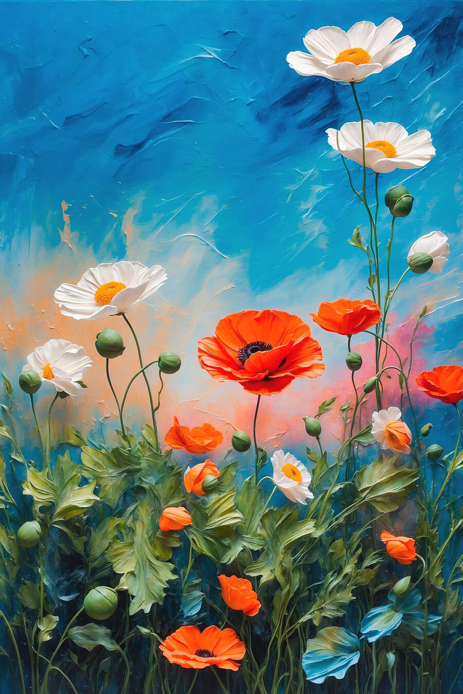 Veldbloemen onder helderblauw — volledig ontwerp