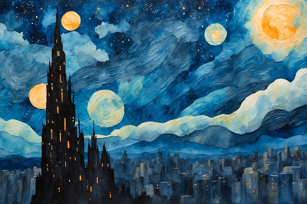 Verlichte toren onder manen — volledig ontwerp