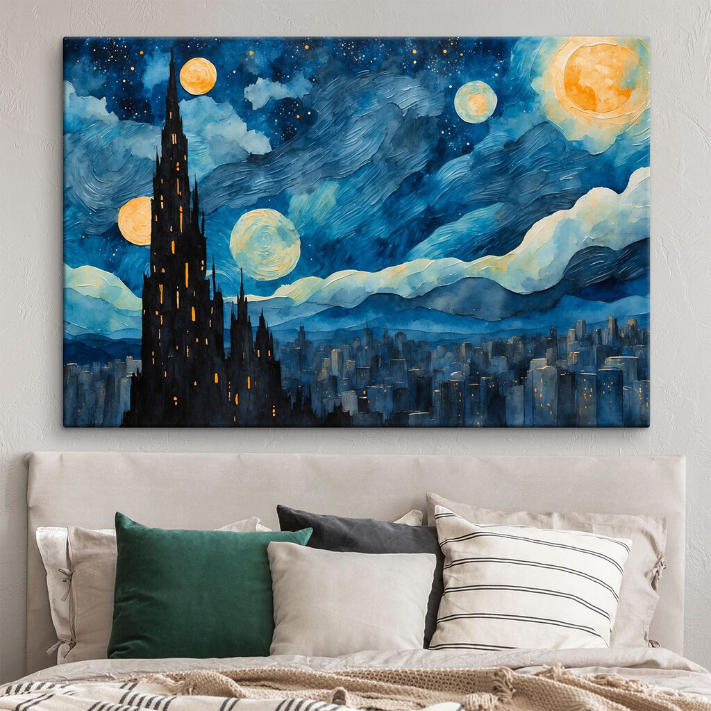 Aquarel van een stad bij nacht in een interieur