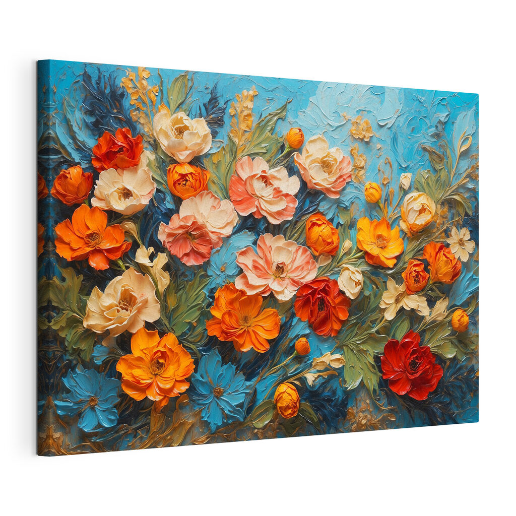 Rozen tussen turquoise streken, gespannen canvas met doorlopende rand