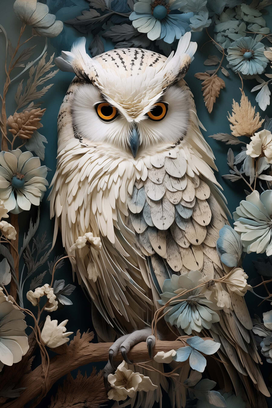 Witte uil tussen bloemen — volledig ontwerp