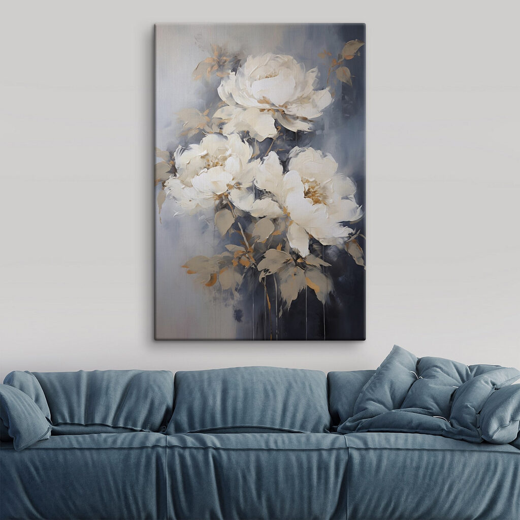 Witte rozen tegen nevelblauw — interieur 1