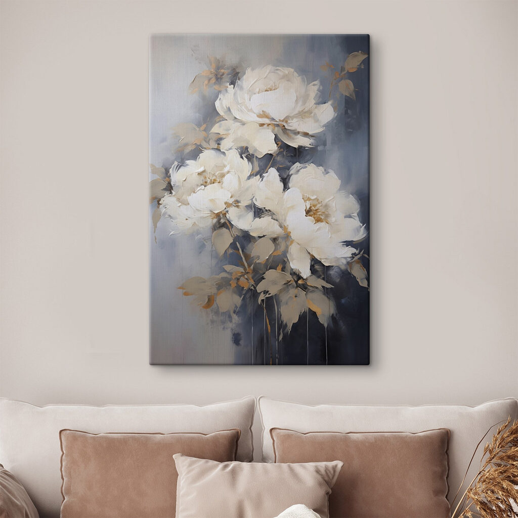 Witte rozen tegen nevelblauw — interieur 2