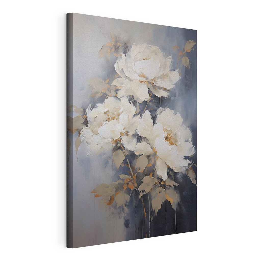 Witte rozen tegen nevelblauw, gespannen canvas met doorlopende rand